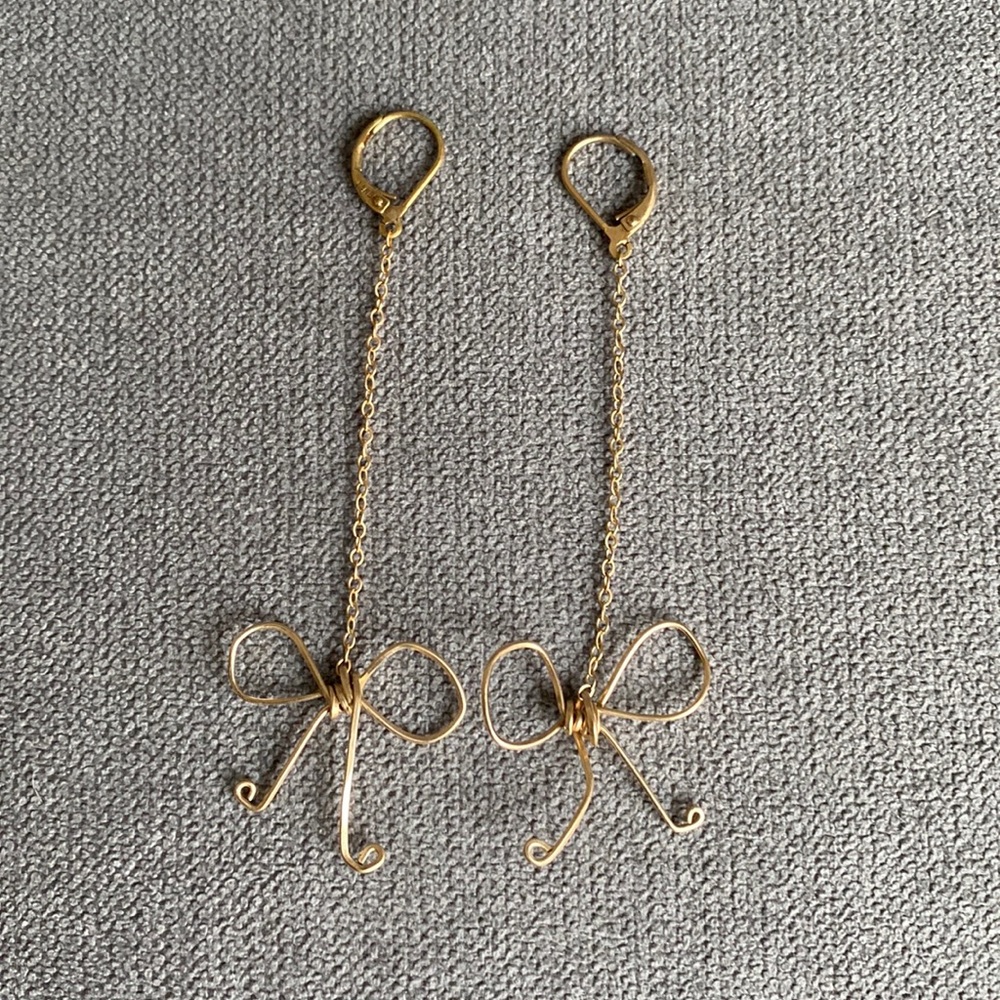 Anthropologie Delicate Gold Wire Dangling Bow Earrings
